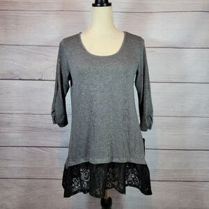 A. Byer Solid Slub Hachi Tunic Top with Ruched Sleeves Grey Size Medium